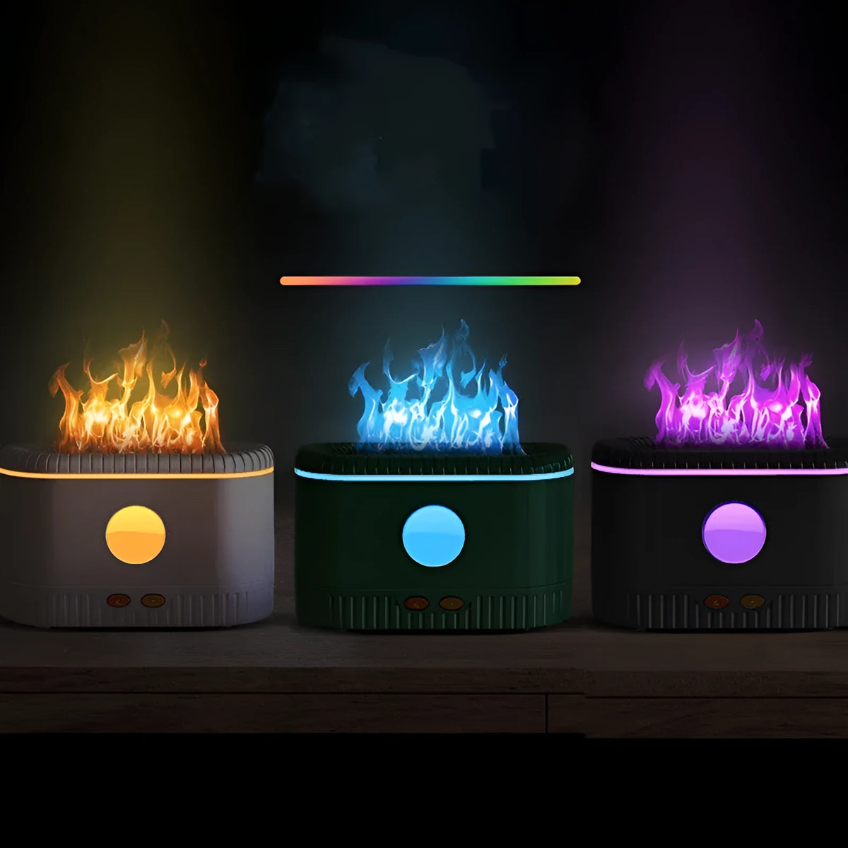 White desktop simulated flame aromatherapy humidifier with square shape, 200ml tank, and single fog outlet