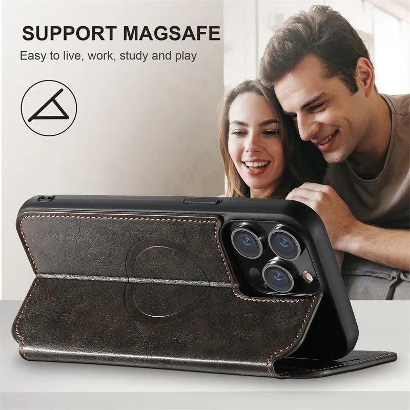 Magnetic phone case with card holster and bracket for iPhone 16, black frosted PU TPU