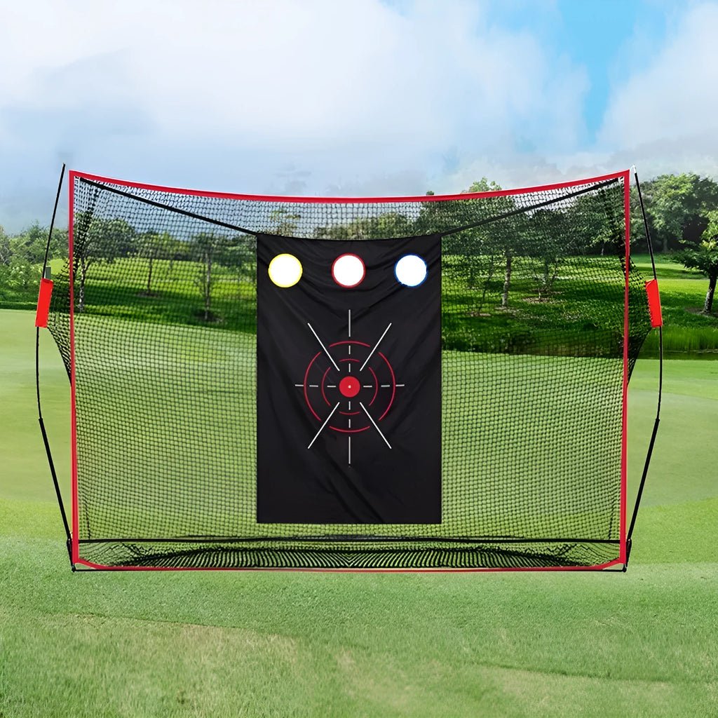 Golf swing wedge training net with 3-hole target, straw mat, practice balls, and setup accessories
