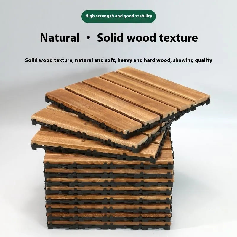Four square camphor pine wood flooring tiles with a brushed finish, each measuring 30cm by 30cm.