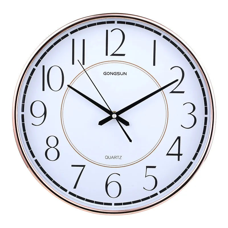 14-inch round wall clock with sweep second movement, ABS shell, available in white black and flashing gold
