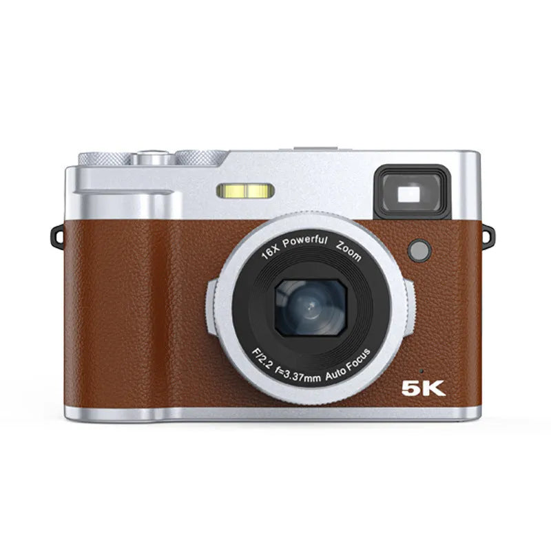 Black or brown 5K HD digital camera with dual lenses and an optical viewfinder on top.