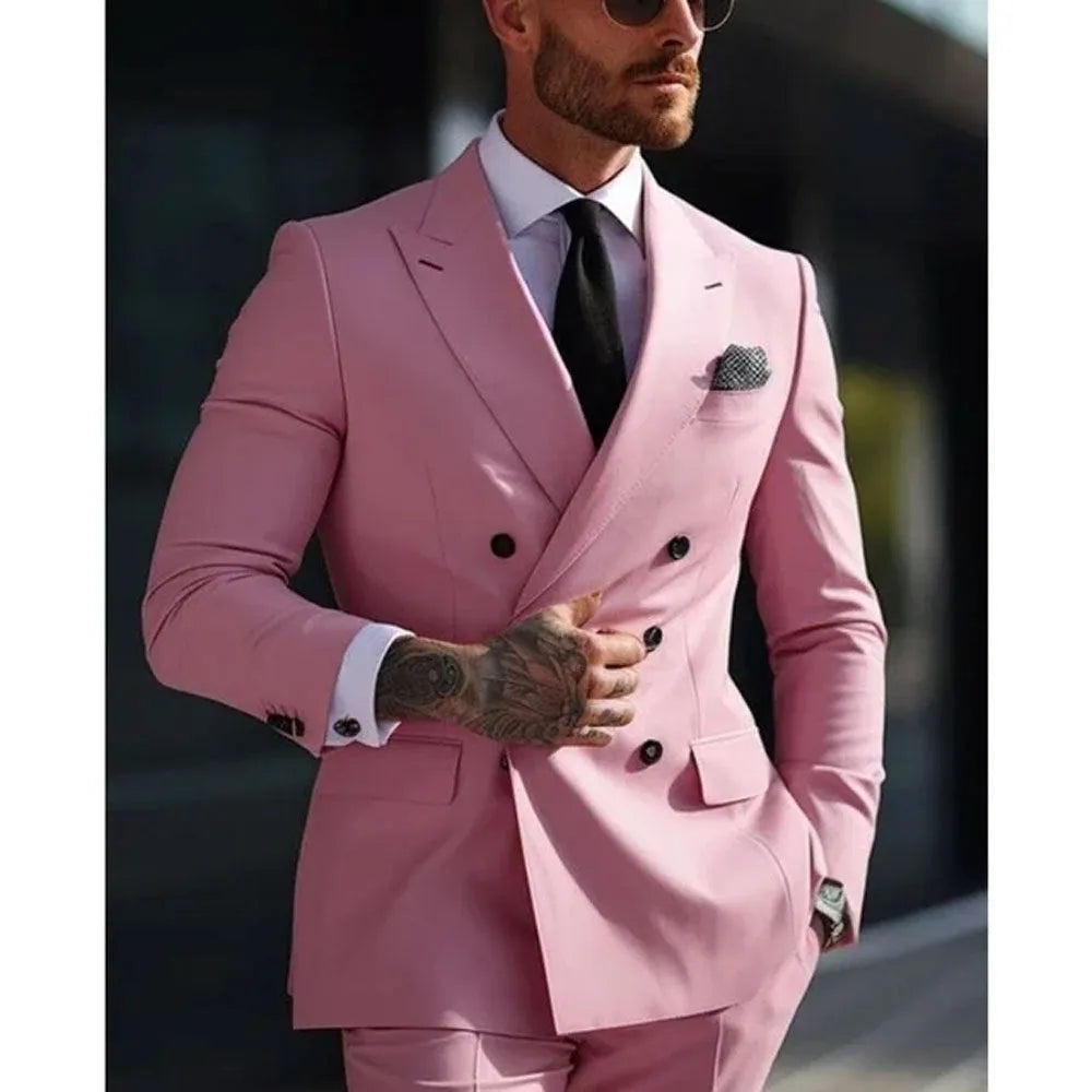 Men's Korean-style slim fit two-piece business suit in cotton blend polyester fabric