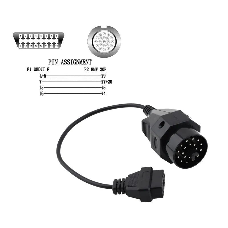 BMW 20-pin to 16-pin OBD2 diagnostic port adaptor cable on a white background.