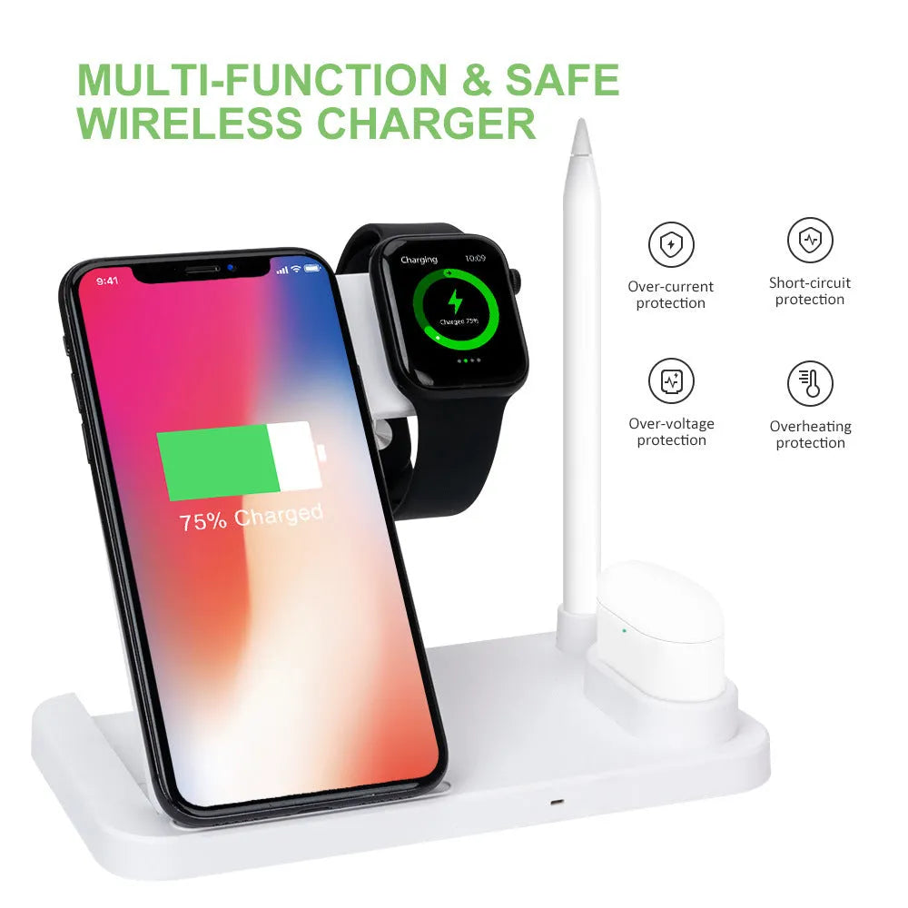 Black folding 4-in-1 wireless charger showing iPhone AirPods and Apple Pencil charging simultaneously