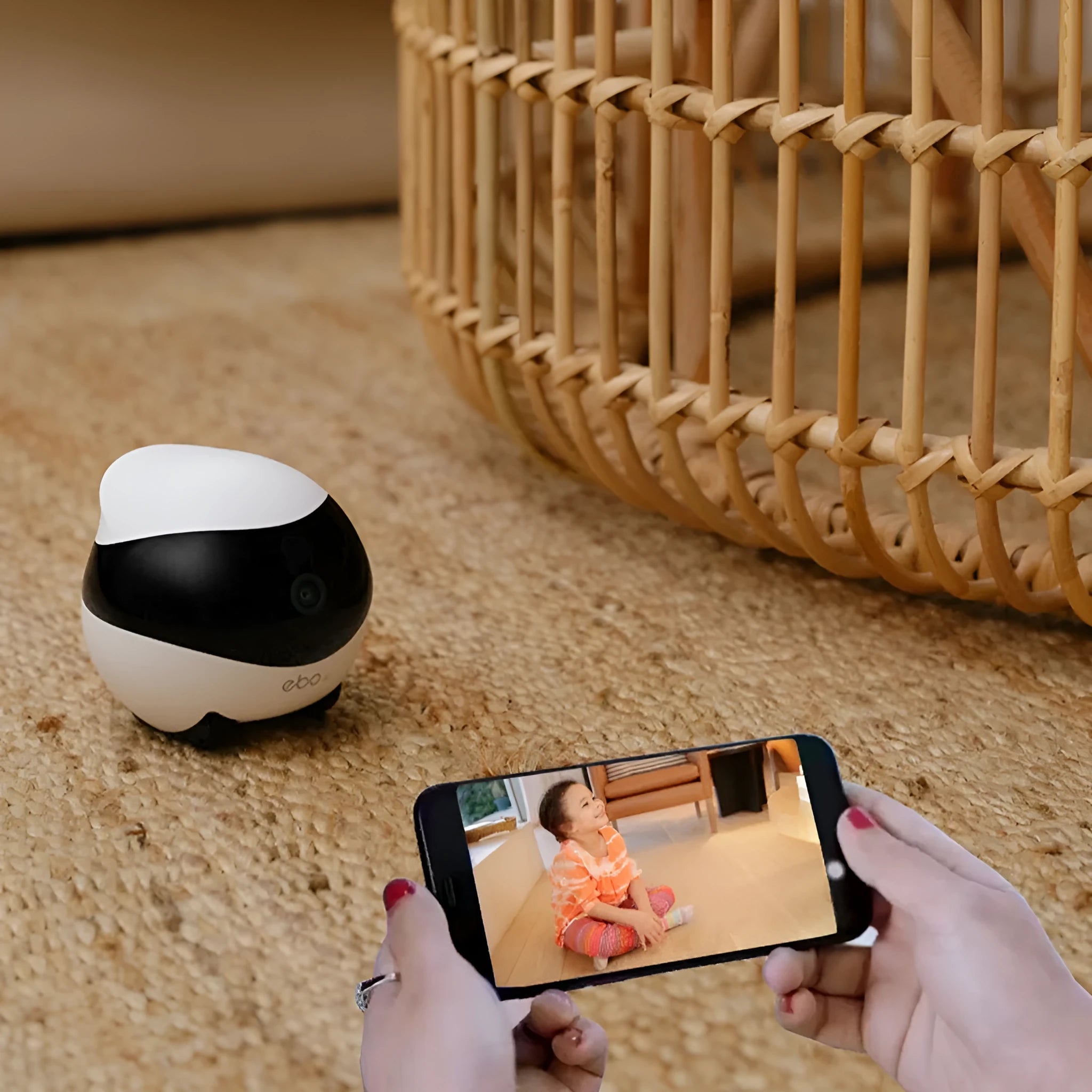 White smart home mobile surveillance robot camera with front sensors on a docking station.