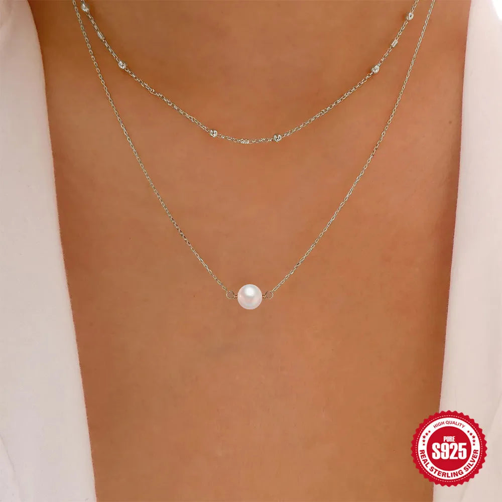 S925 sterling silver double layer twin pearl necklace with diamond treatment pendant