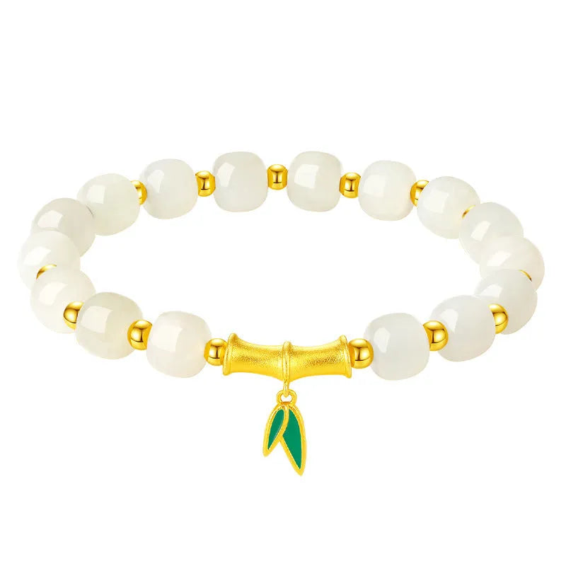 Women's S925 sterling silver Hetian jade bracelet with bamboo leaf design and gold finish