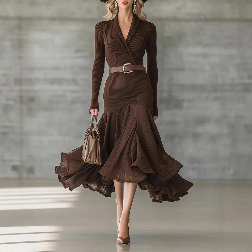 Stitching V-neck long-sleeve dress long skirt in solid dark brown with asymmetric hem