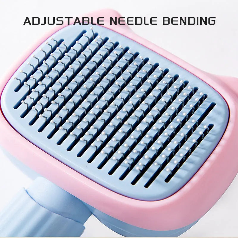 Blue double-sided pet grooming brush showing deshedding rake and dematting comb on a white background.