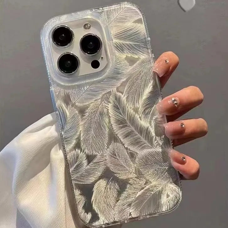 Feather pattern gradient TPU phone case in silver grey with three-dimensional relief design for iPhone