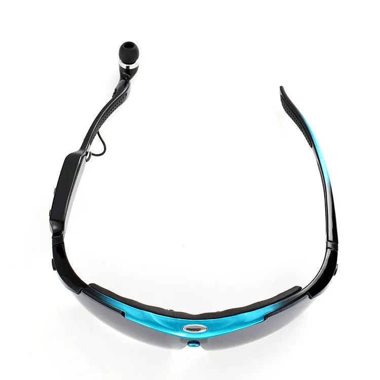 Stereo Bluetooth glasses headset with polarised gray lenses in black frame on white background