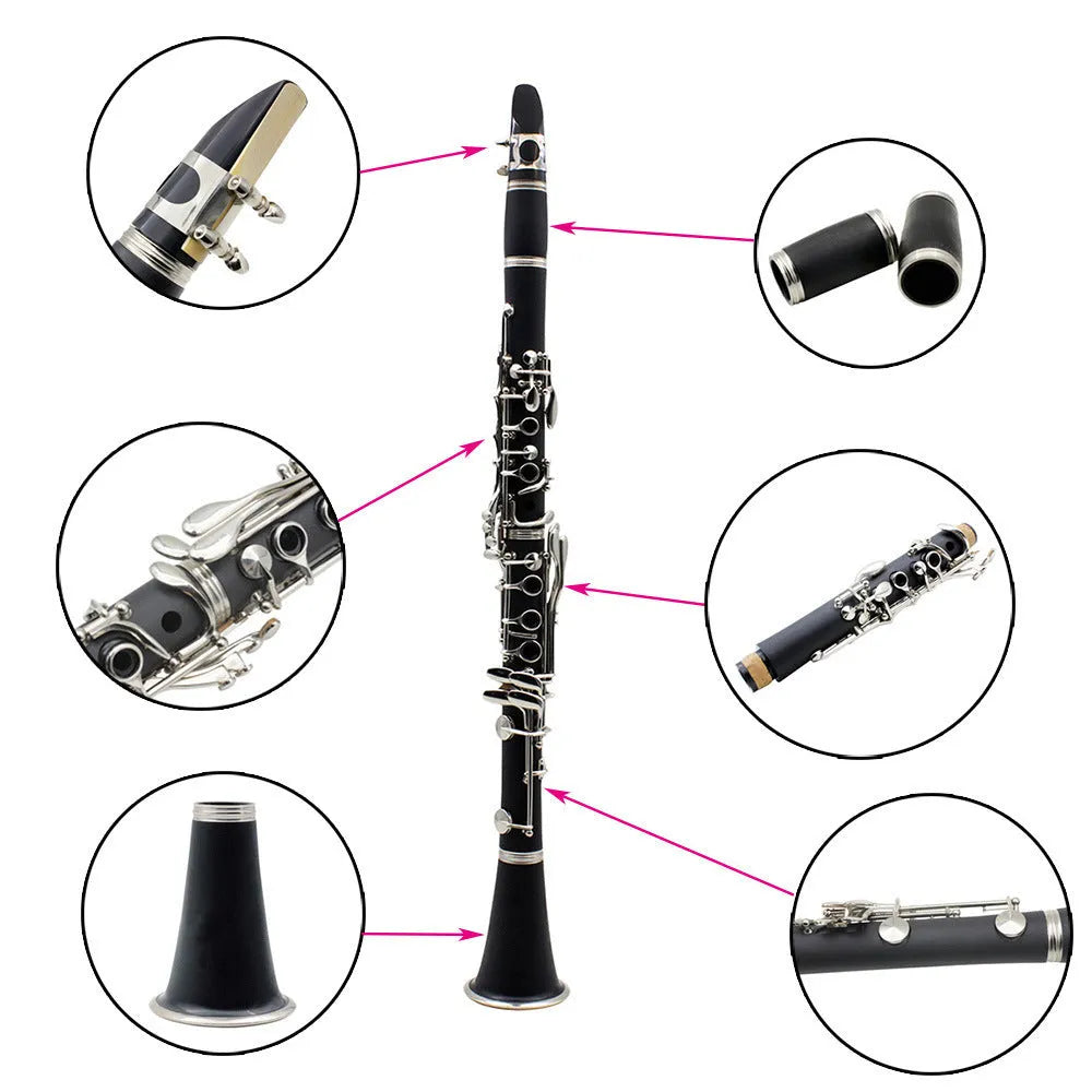 Black bakelite clarinet with nickel-plated keys and included carry bag