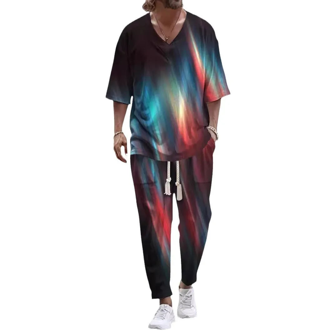 V-neck cropped sleeve jacket and matching trousers suit in a thin polyester fabric