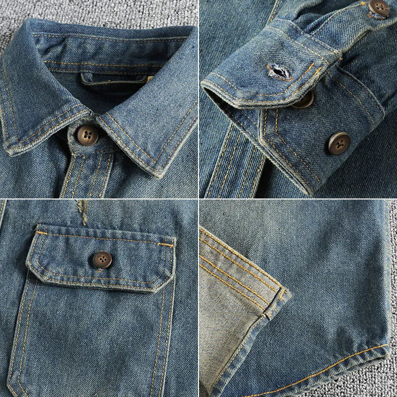 Men's light blue vintage washed denim shirt with long sleeves and loose cardigan style