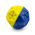Blue bite-resistant rubber dog puzzle ball with hollow centre for treats, 9 cm diameter.