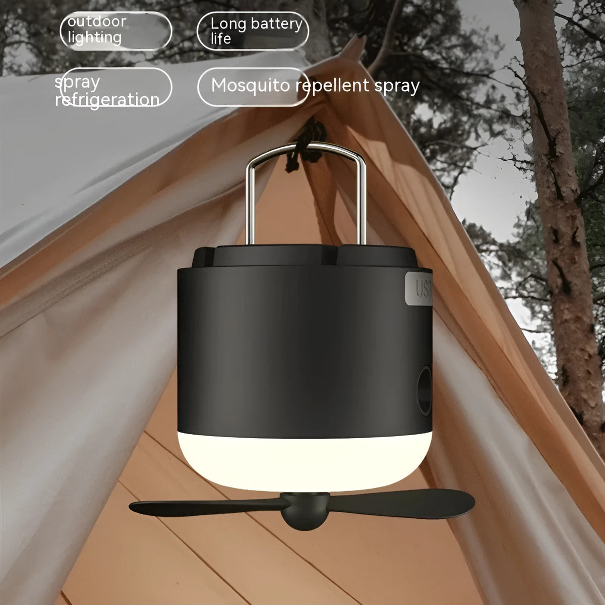 Compact USB rechargeable camping lantern in Misty White, 75x85mm, on outdoor background