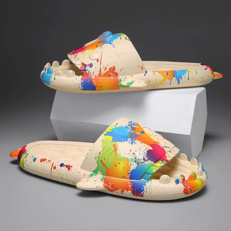 Shark design open-toe slippers in EVA material on a white background.