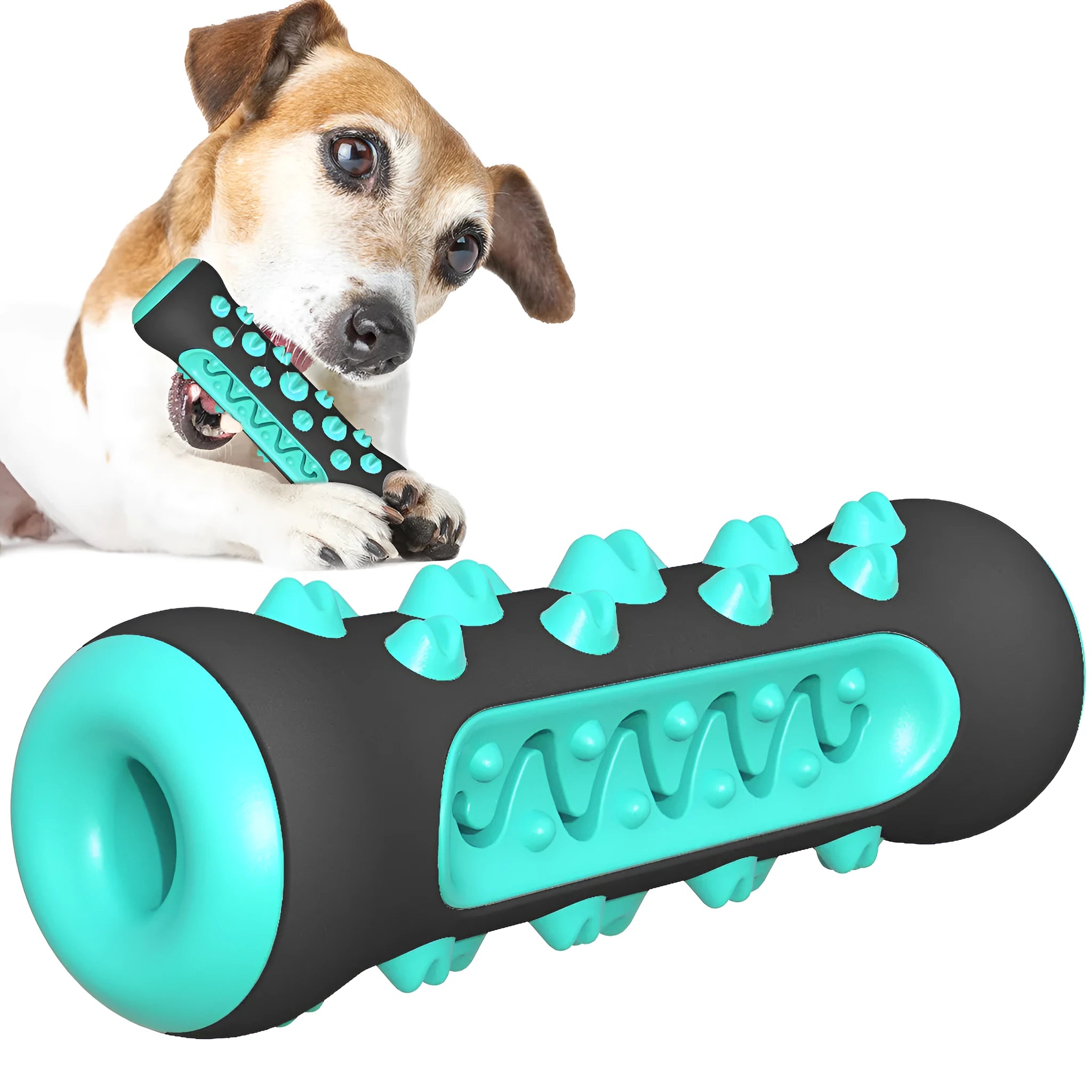 Natural rubber dog dental chew toy in blue, showing textured toothbrush design.