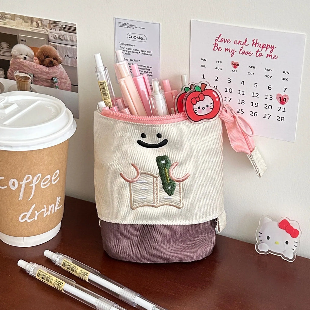 Korean-style collapsible pencil case in Oxford fabric measuring 17x14cm in brown colour