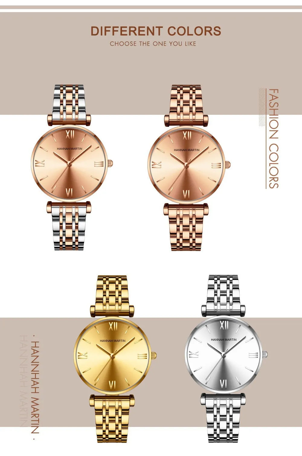 Women's stainless steel band watch, 10mm thick, round dial, business style, rose gold gold or silver finish