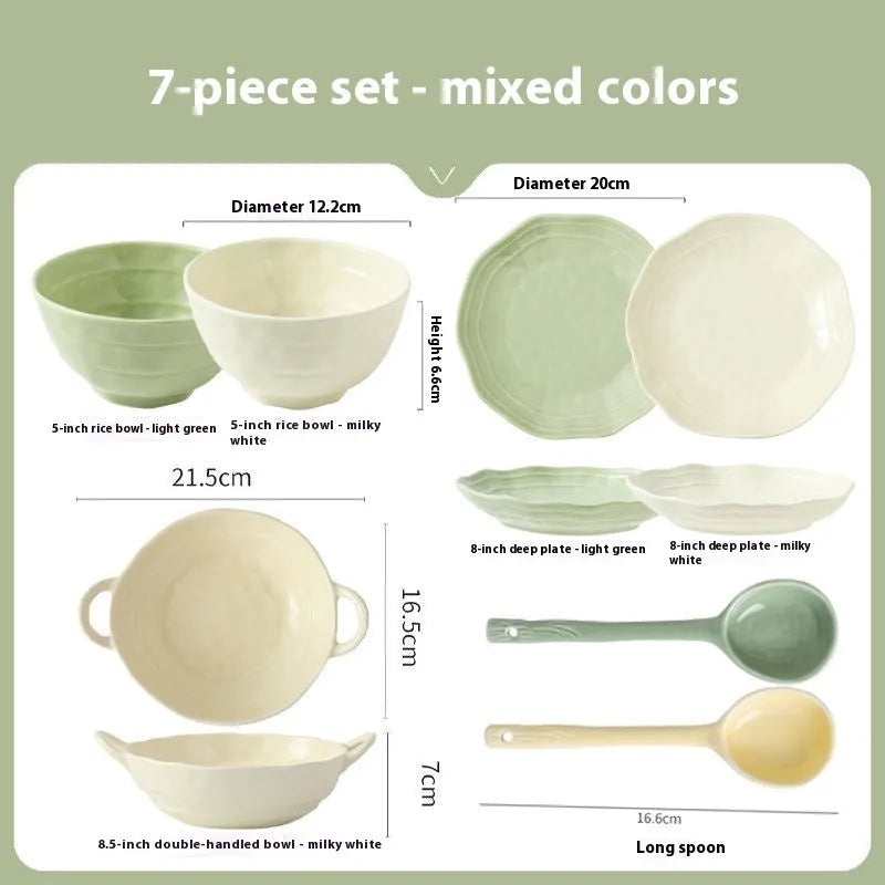 Seven-piece ceramic tableware set in solid colours with simple modern design
