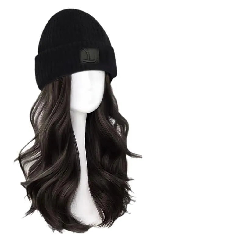 Hat wig for big heads with big wave style in brown black colour, protein filament material