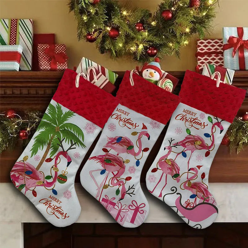 Flamingo design cloth Christmas stocking, 46cm long, in one of three colourful American styles.
