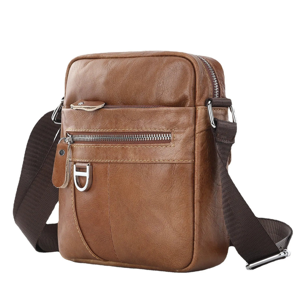 Black genuine leather messenger bag for boys with crossbody strap and sewing line detailing