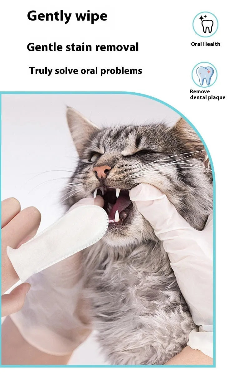 Pack of 50 white non-woven fabric finger cots for cleaning pet teeth on cats and dogs.