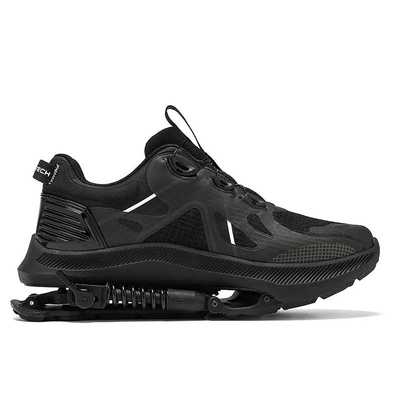 Black running shoes with mesh upper, leather stitching detail, and a buckle closure on the middle top.