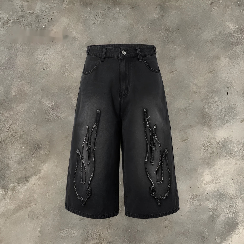 Men's cropped denim shorts with flame embroidery patch in straight-cut summer streetwear design