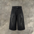 Men's cropped denim shorts with flame embroidery patch in straight-cut summer streetwear design