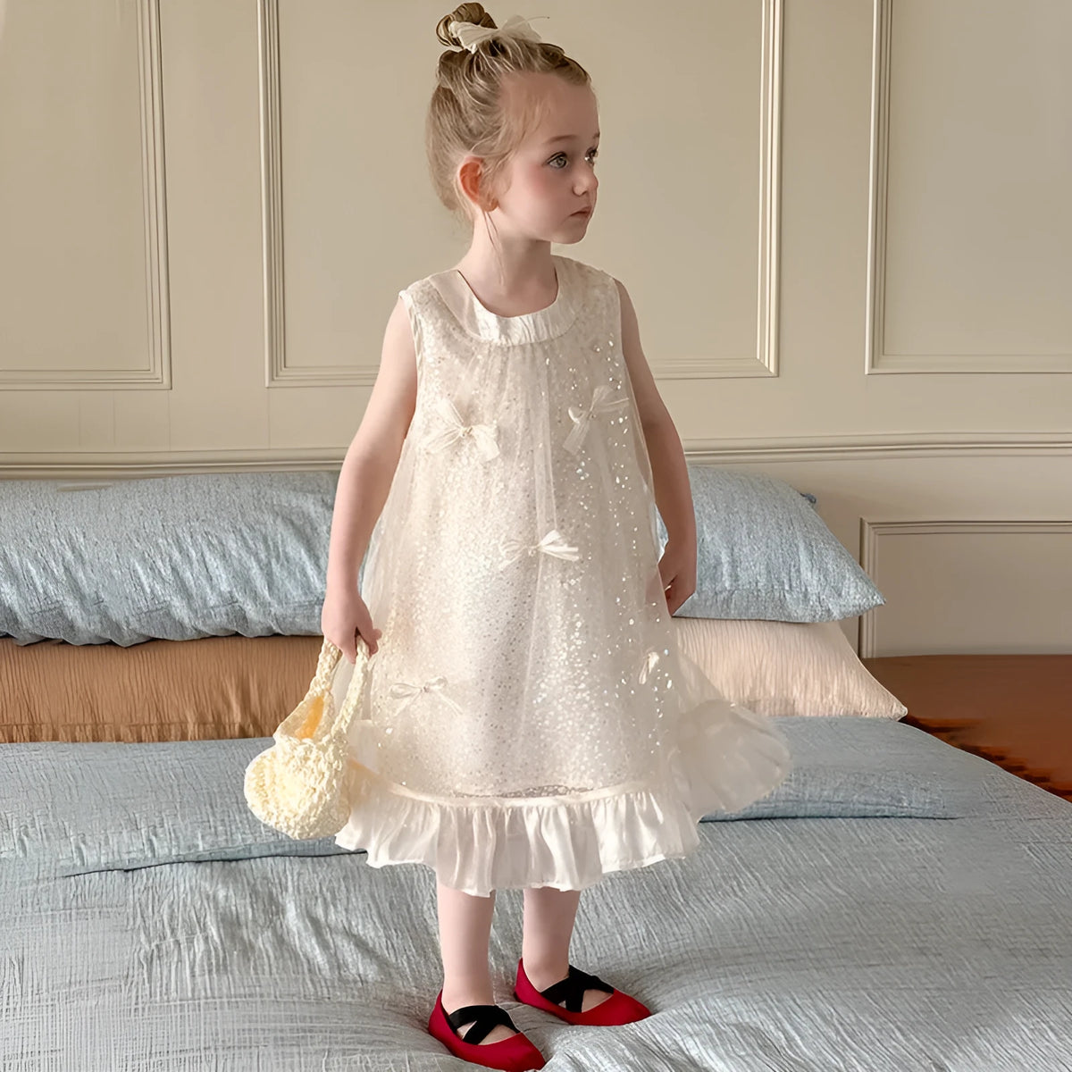 Girls super fairy bow sequins princess dress in beige, cotton-lined summer dress for children 90-130cm