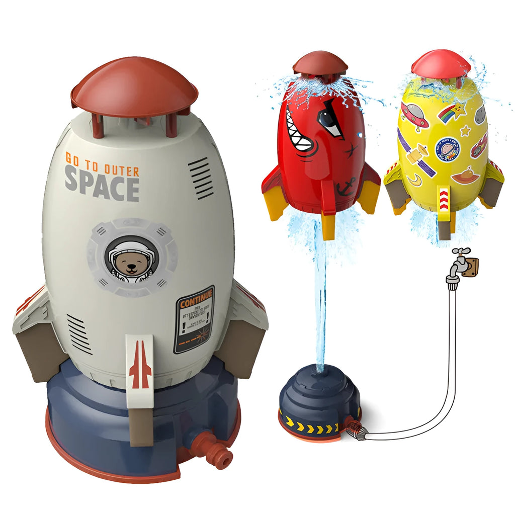 Outdoor water pressure rocket launcher toy with rotating sprinkler for children's garden play
