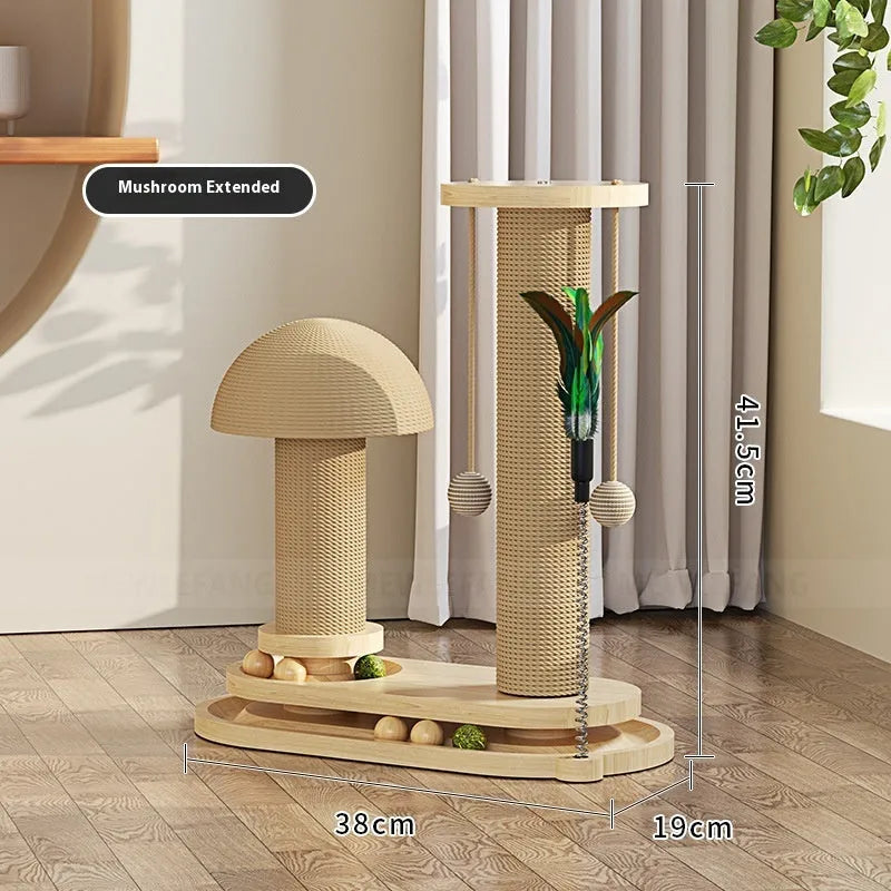 Solid wood cat scratching post with turntable climbing platform in various style configurations
