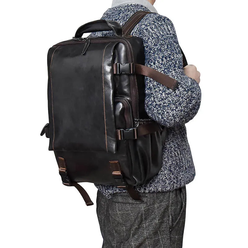 18-inch cowhide flip shoulder computer bag in blue black, 39cm x 28cm x 10cm, first layer leather, large capacity
