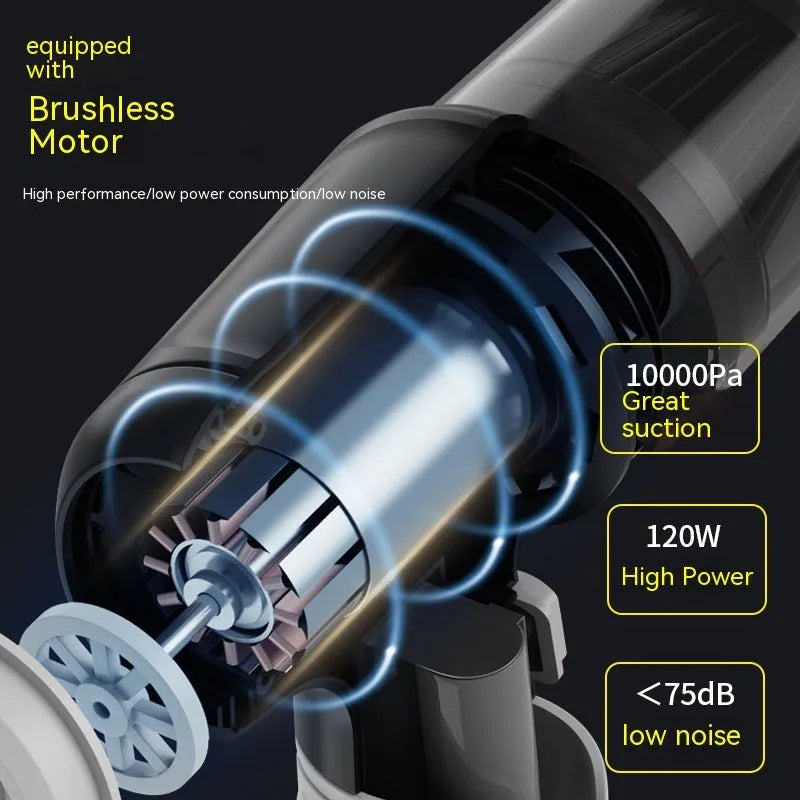 Black cordless handheld car vacuum cleaner with attachments on a grey car seat.