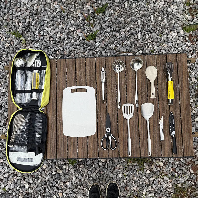 Portable picnic kitchenware storage bag containing 12 stainless steel pieces.
