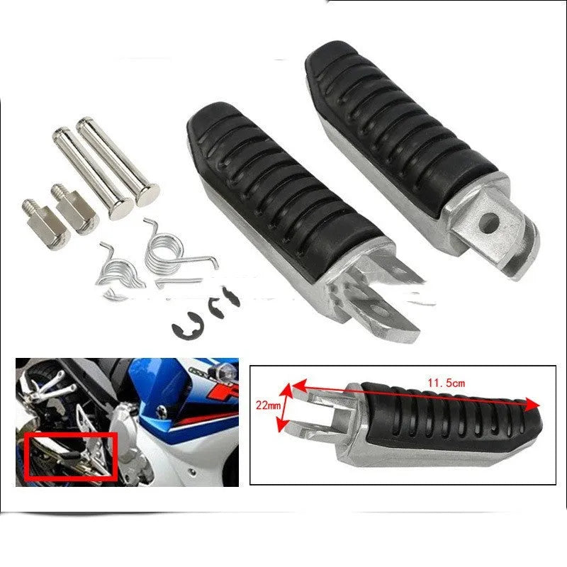Black aluminium alloy motorcycle footpeg set for Suzuki GSX and V-Strom models.