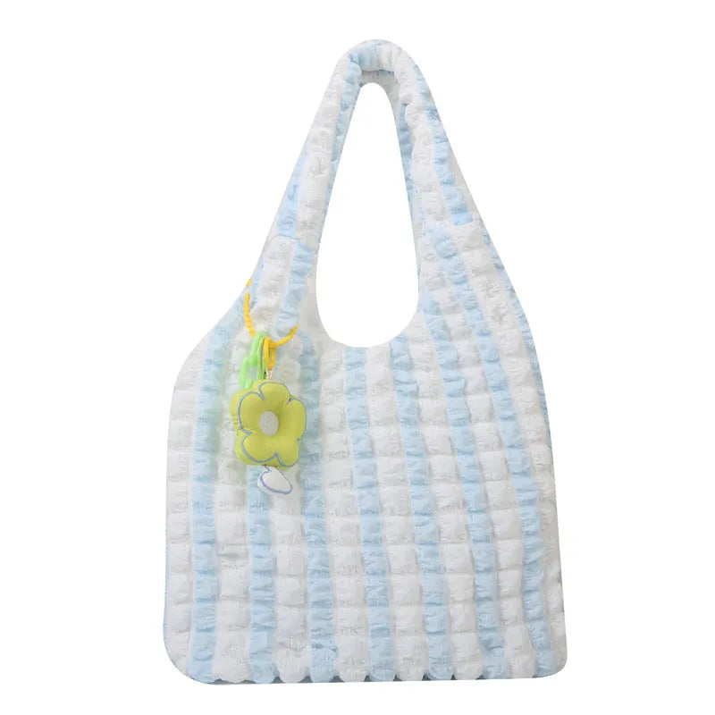 Women's pleated bubble shoulder bag with square vertical shape and detachable pendant accessory