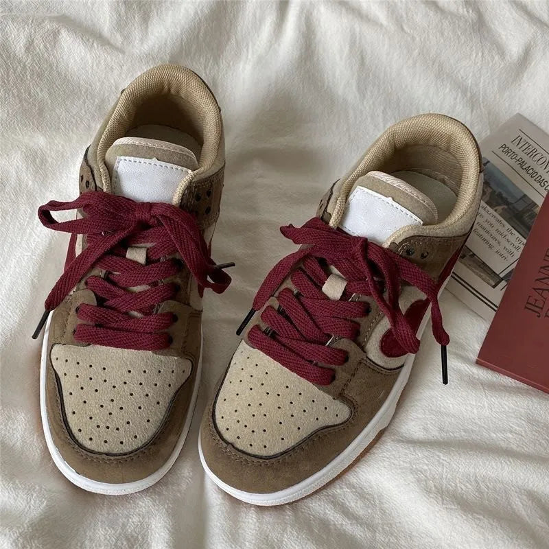 Women's brown PU leather casual bread shoes with round toe, low top, and mid heel, front lace-up closure