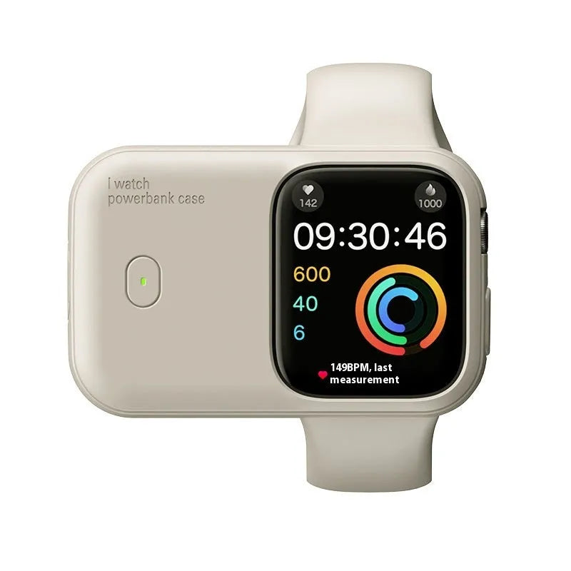 Apple Watch portable charging case with silicone protective case in Brown, Midnight Blue, and Starlight colours