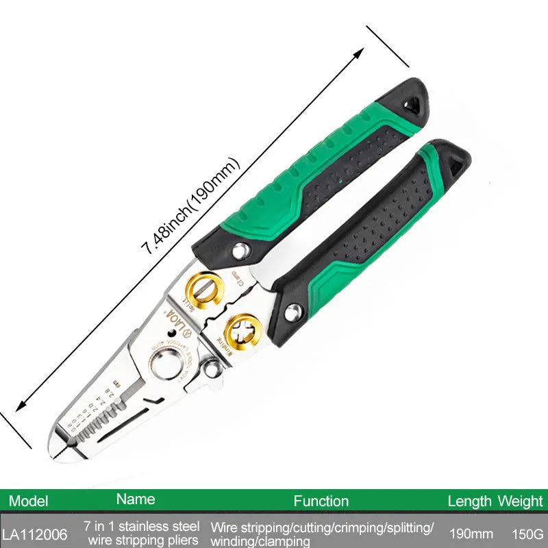 Stainless steel 7-in-1 wire stripper with two-colour handle and seven sized stripping ports.