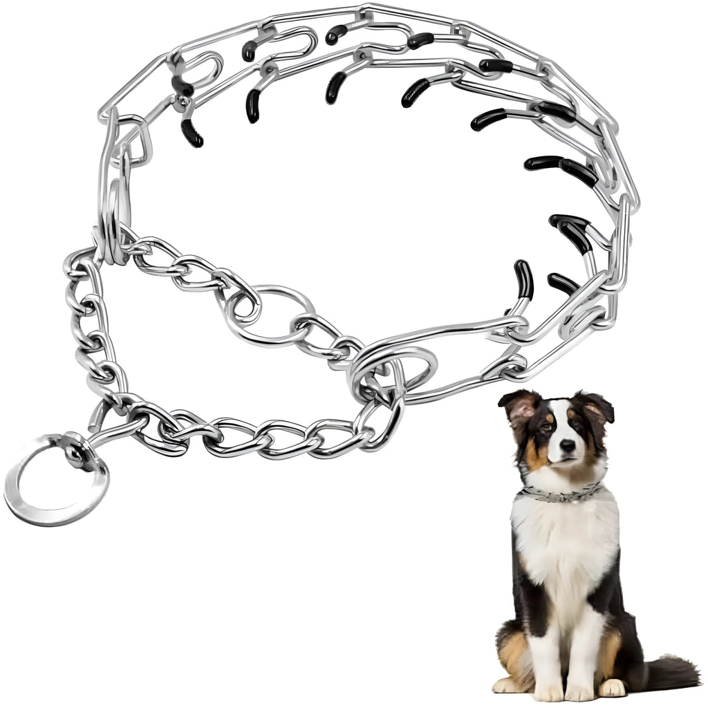 Stainless steel dog prong collar with adjustable chain links and black rubber comfort tips, laid flat to show sizing.