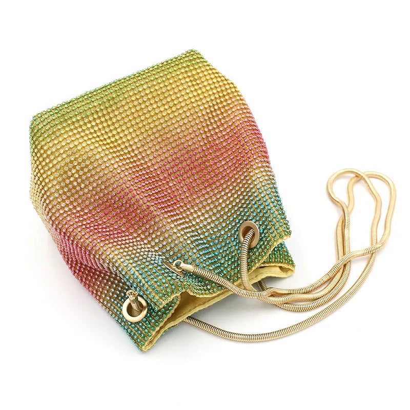 Rainbow glitter rhinestone soft bucket bag for evening parties and weddings.