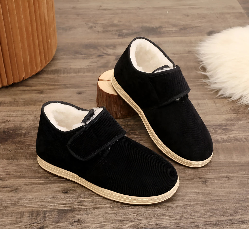 Black soft soled velvet thick cotton shoes with cotton cloth upper, buckle fastening, and rubber sole, sizes 38 to 45