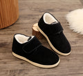 Black soft soled velvet thick cotton shoes with cotton cloth upper, buckle fastening, and rubber sole, sizes 38 to 45