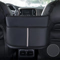 Black leather car seat net pocket storage bag with sports carbon fibre pattern.