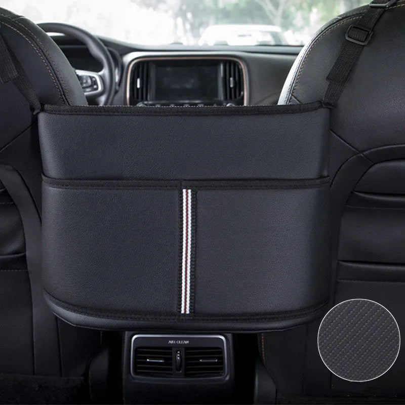 Black leather car seat net pocket storage bag with sports carbon fibre pattern.